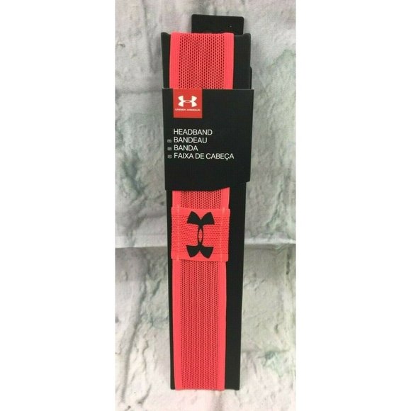 Under Armour UA Headband Neon Burnt Orange Black Under Armour Logo 1 3/8" Wide - Picture 1 of 6